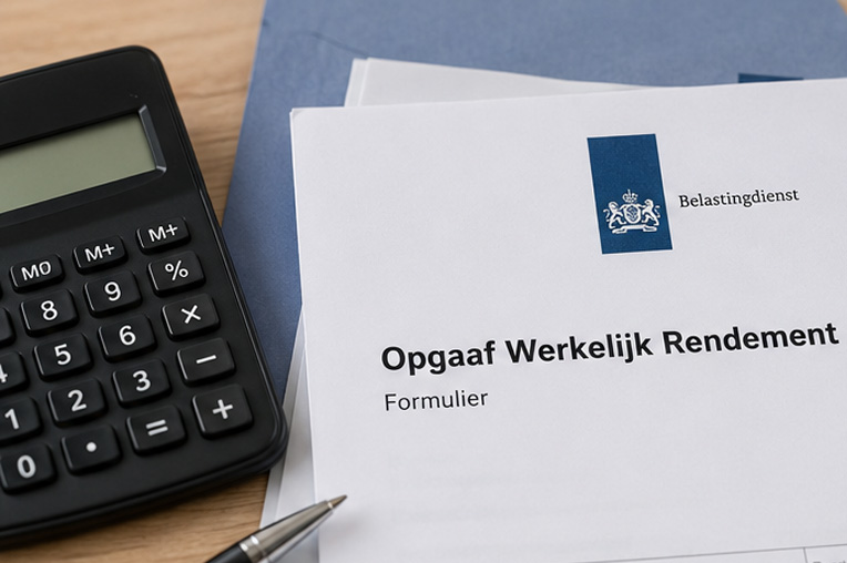 Op een bureau naast een blauwe map liggen een rekenmachine, een pen en een Nederlands belastingformulier met het label Opgaaf Werkelijk Rendement van de Belastingdienst.