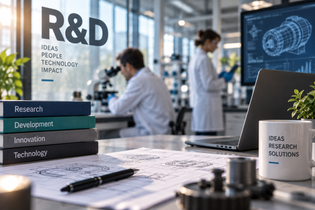 Wetenschappers in laboratoriumjassen werken in een licht laboratorium met stapels boeken met de opschriften ‘Onderzoek’, ‘Ontwikkeling’, ‘Innovatie’ en ‘Technologie’, technische tekeningen en een mok met de tekst ‘Ideeën Onderzoek Oplossingen’ op het bureau.
