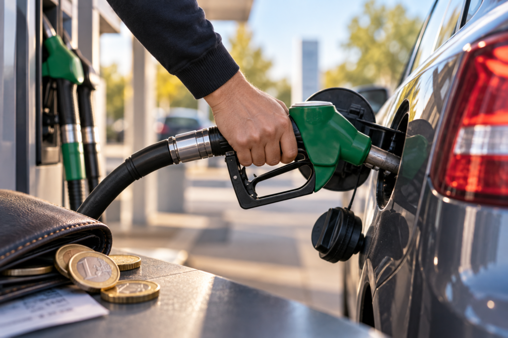 Iemand tankt bij een tankstation, terwijl er een portemonnee en euromunten op de pomp liggen.