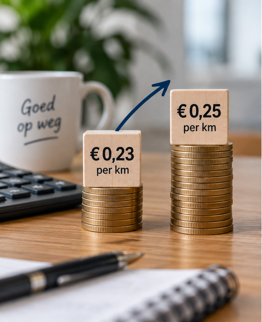 Twee stapels munten met daarop blokjes waarop € 0,23 per km en € 0,25 per km staat aangegeven. Een blauwe pijl wijst van de lagere naar de hogere stapel. Op de achtergrond staan een mok en een pen.