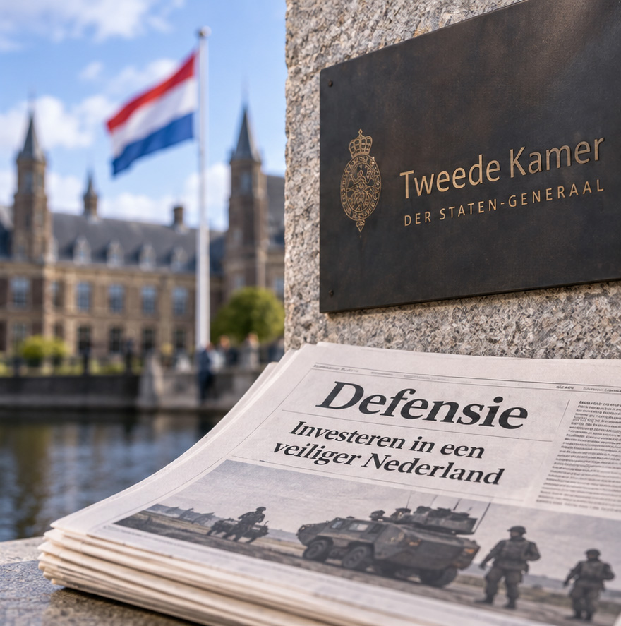 Een krant met een militair nieuwsbericht ligt naast een gedenkplaat van de Tweede Kamer, met op de achtergrond de Nederlandse vlag en een historisch gebouw.