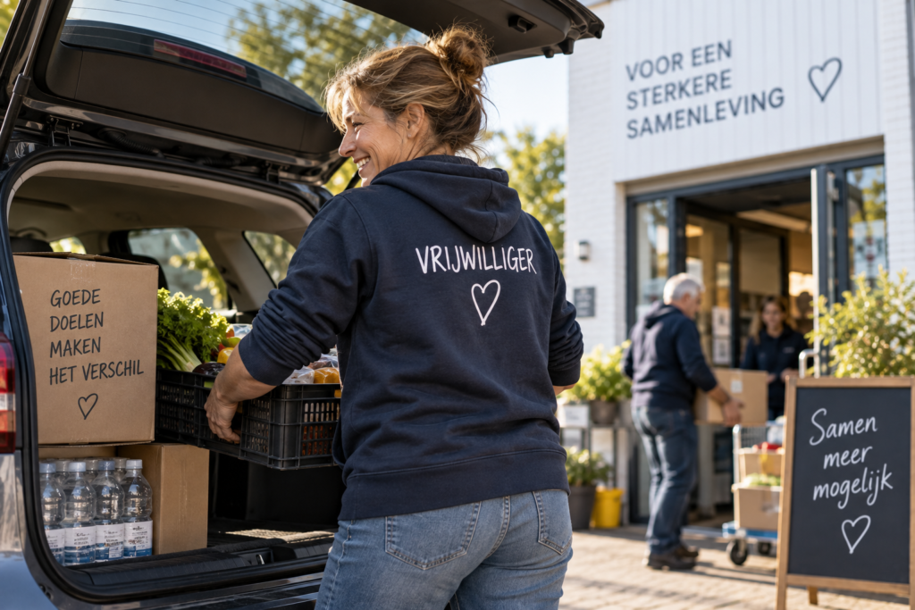 Een vrouw in een hoodie met het opschrift ‘vrijwilliger’ laadt voedseldonaties uit een auto voor een buurthuis, waar Nederlandse borden staan die oproepen tot liefdadigheid en buurtondersteuning. Op de achtergrond zijn andere vrijwilligers te zien.